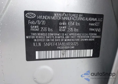 2020 Hyundai Sonata Sel z USA, uszkodzony, nr VIN 5NPEF4JA8LH036125